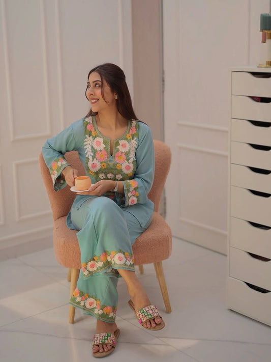 Beautiful embroidery cotton sky cord set