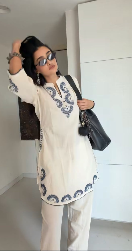 Women's Elegant Off-White Cotton Kurta & Palazzo Set with Blue Embroidery