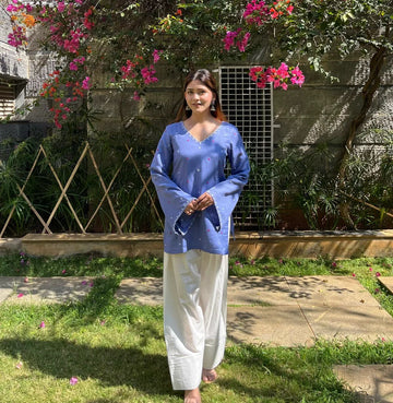 Hand Adda Work Embroidered Blue Kurti with Farsi Pant