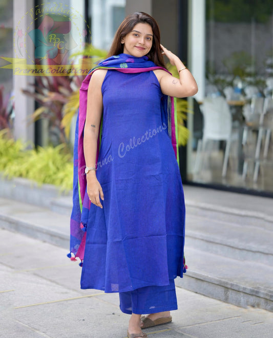 Blue colour cotton kurti pant dupatta