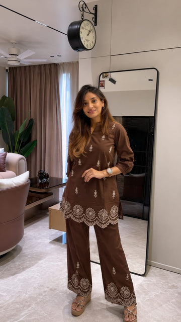 Chocolate Brown & White Embroidered Co-ord Set