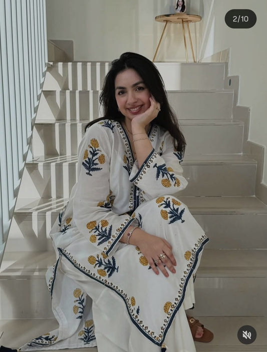 Traditional White Hand Block Print Cotton Kurta for Women