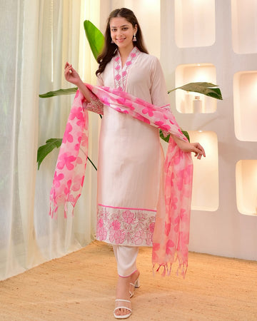 White pink Embroidery Work suit