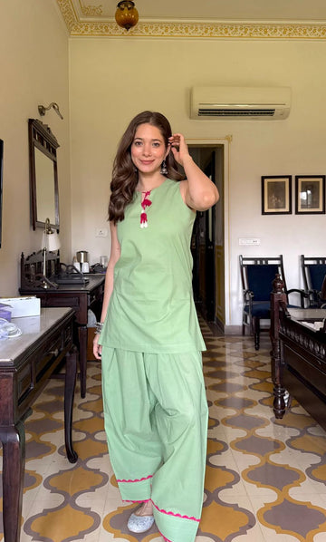 Elegant Mint Green Cotton Kurta & Patiala Co-Ord Set