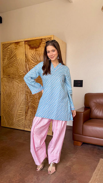 Sky Bloom & Mint Kurta Palazzo Set