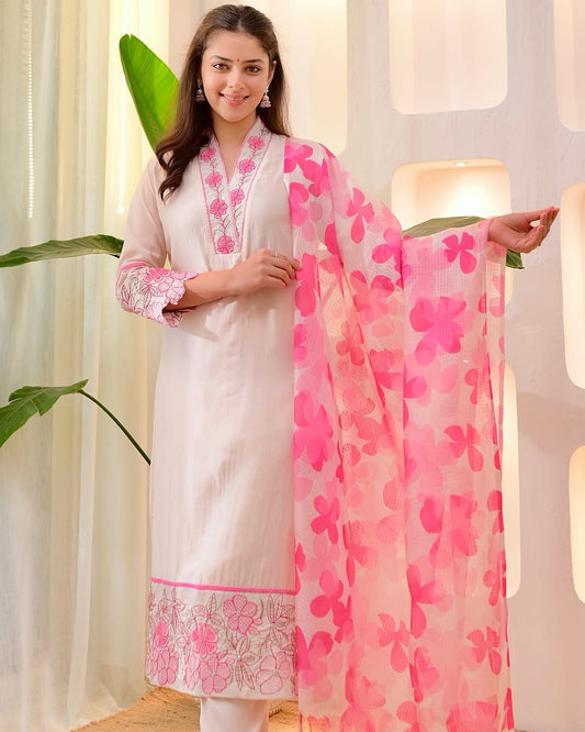 White pink Embroidery Work suit