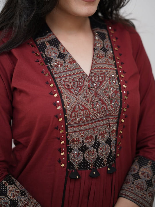 Beautiful Red A-line kurti with hand mirror work