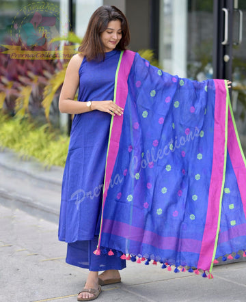 Blue colour cotton kurti pant dupatta