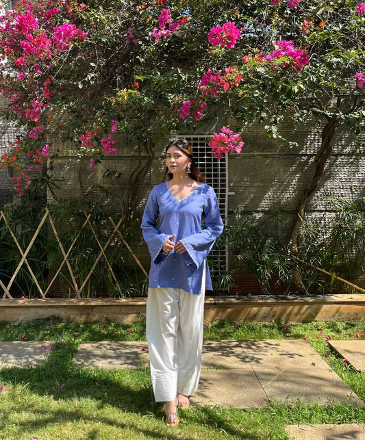 Hand Adda Work Embroidered Blue Kurti with Farsi Pant