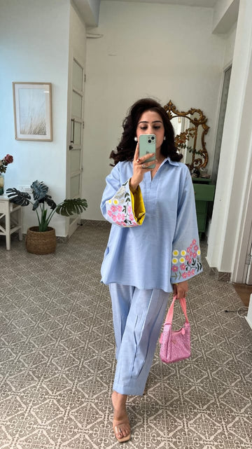 Blue colour full embroidery cord set