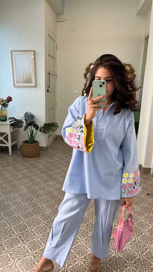 Blue colour full embroidery cord set