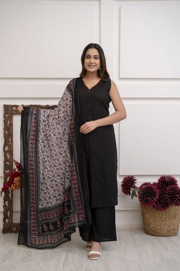 Beautiful cut sleeves cotton slub 3 piece