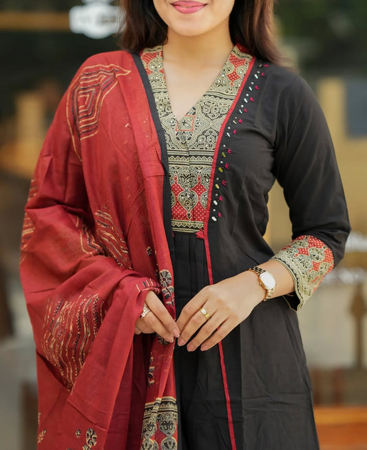 Beautiful Black A-line kurti with hand mirror work