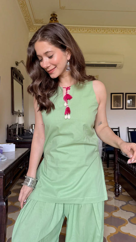 Elegant Mint Green Cotton Kurta & Patiala Co-Ord Set
